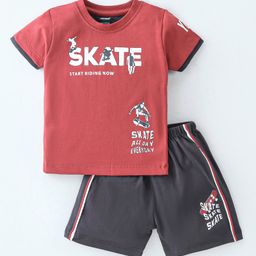 CUCUMBER Sinker Knit Half Sleeves T-Shirt & Shorts Set Skate Print - Red-image-94
