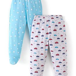 Doodle Poodle 100% Cotton Footed Bootie Pants Car & Stars Print Pack of 2 - Atomizer Blue & Grey Melange-image-97