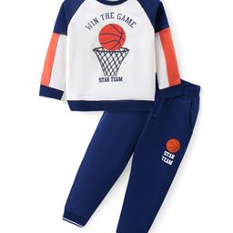 Babyhug Cotton Knit Raglan Sleeves Color Block T-Shirt & Lounge Pants Set With Basketball Print - White & Blue-image-37