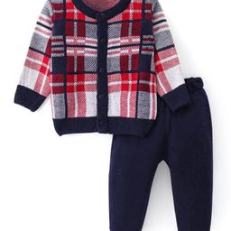 Doodle Poodle Knitted Full Sleeves Front Open Checkered  Sweater Set - Navy Blue & White-image-92