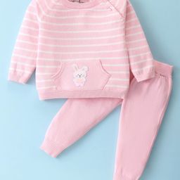 ToffyHouse Knitted Cotton Full Sleeves Striped Winter Wear Set With Teddy Patch - Pink-image-71