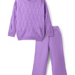Pine Kids Knitted Full Sleeves Sweater & Pant Set with Cable Knit Design - Purple-image-20