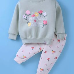 Teddy Fleece Knit Full Sleeves Winter T-Shirt & Lounge Pant Set With Floral Print - Mint Green-image-93