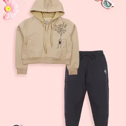 Kiddopanti Fleece Full Fleeves Spider Printed Front Zip Opening Crop Length Hooded Sweatshirts With Joggers - Beige & Black-picture-2