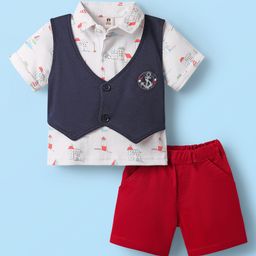 ToffyHouse Cotton Knit Half Sleeves Printed T-Shirt & Shorts Set With Attached Waistcoat - Navy Blue & Red-image-32