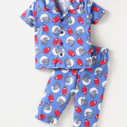 Ollypop Sinker Knit Half Sleeves Front Open Rugby Theme Print Night Suit - Blue-image-25