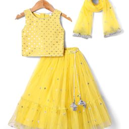 Babyhug Woven Sleeveless Choli with Flared Lehenga & Dupatta & Sequin Detailing - Yellow-image-15