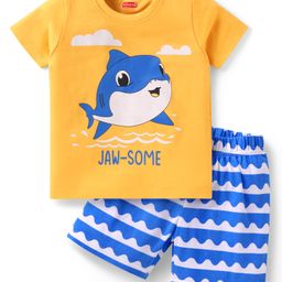 Babyhug Cotton Knit Half Sleeves Shorts Night Suit with Dolphin Print - Orange-image-57