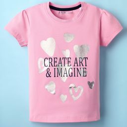 Doreme Single Jersey Knit Half Sleeves T-Shirt with Text & Hearts Foil Print - Pink-picture-4