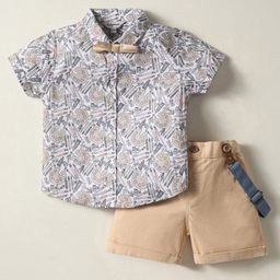 ToffyHouse Poplin Woven Half Sleeves Stationary Printed Shirt & Shorts Set with Bow & Suspender - White & Beige-image-18