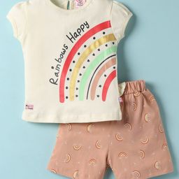 Mini Donuts Single Jersey Knit Half Sleeves Top & Shorts Set with Rainbow Print & Bow Applique - Light Brown-image-23