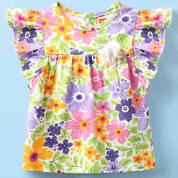 Babyhug 100% Cotton Knit Frill Sleeves Floral Printed Top - White-picture-40