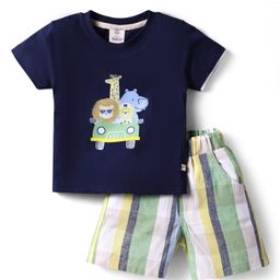 Mini Donuts Cotton Knit Half Sleeves T-Shirt & Shorts with Stripes & Animal Print - Navy Blue-image-45