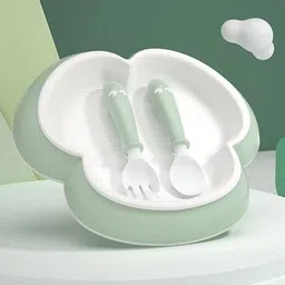 THE LITTLE LOOKERS Baby Bowl Set with Spoon & Fork Non-Slip, BPA Free, Silicone Feeding Set for Toddlers/ Babies - Green-picture-26