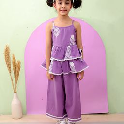 The Mom Store Cotton Knit Sleeveless Leaves Printed Lace Detailed Peplum Kurti With Pant Set - Purple-picture-26
