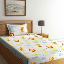 Aura White & Yellow Cartoon Characters 350 TC Single Bedsheet with 1 Pillow Covers-image-49