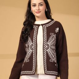 Mafadeny Women Embroidered Round Neck Front-Open Sweaters-image-46