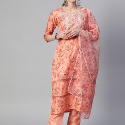 RAJGRANTH Women Peach-Coloured Floral Embroidered Mirror Work Silk Chiffon Kurta with Trousers & With-picture-0