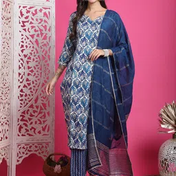 Rajnandini Ethnic Motifs Printed V Neck Straight Kurta With Trousers & With Dupatta-29