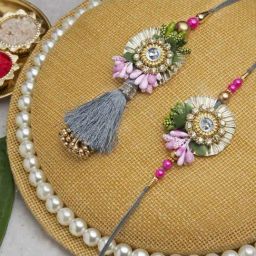 eCraftIndia Multicolor Floral Designer Lumba Rakhi Set with Roli Chawal Pack for Bhai & Bhabi-image-49