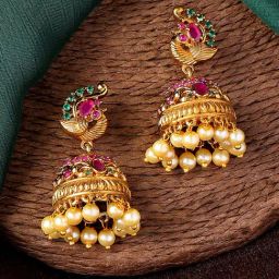 Estele Gold-Plated CZ Beautiful Peacock Design Pearls Jhumki Earrings-image-75