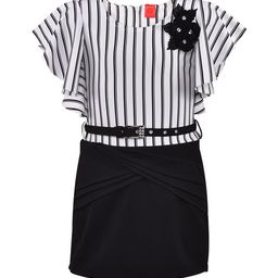 Wish Karo White & Black Striped Applique Scuba Blouson Dress-image-86