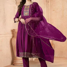 Sangria Sequence Embroidered Kurta, Trouser & Dupatta Set-image-3