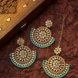 aadita Turquoise Blue Gold-Plated Kundan Studded Maang Tika & Earrings Set-13