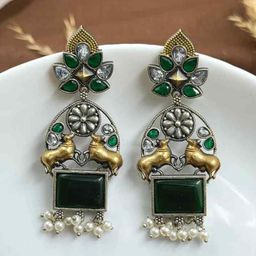 NAMAN ARTS Silver-Plated Stones Studded & Beaded Oxidised Contemporary Drop Earrings-4