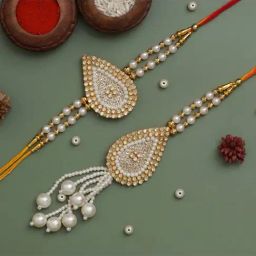 eCraftIndia Diamonds & Pearls Designer Lumba Rakhi Set with Roli Chawal Pack for Bhai & Bhabi-image-64