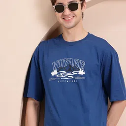 Mast & Harbour Typography Printed Drop-Shoulder Sleeves Pure Cotton T-shirt-image-71