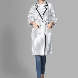 JC Collection Women White & Black Striped Double-Breasted Trench Coat-image-49