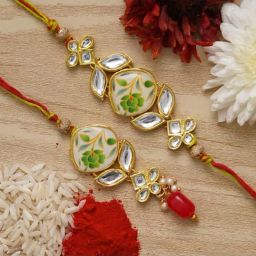 eCraftIndia Designer Floral Lumba Rakhi Set with Roli Chawal Pack for Bhai & Bhabi - Set of 2-image-8