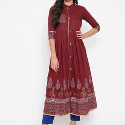 WineRed Women Maroon Block Print Cotton Flared Kurta-picture-45