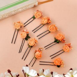 Silvermerc Designs Women Set Of 10 Orange & Black Floral Lace U Pins-16