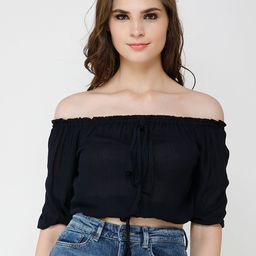 Cation Women Navy Blue Solid Bardot Crop Top-picture-1