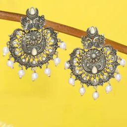 OOMPH Jewellery Oxidized Silver Pearls Ethnic Peacock Design Chand Bali-image-80