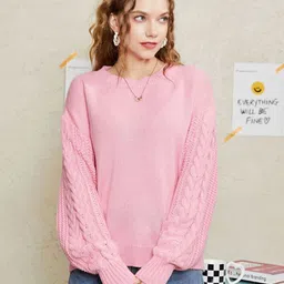 StyleCast Pink Cable Knit Self Design Acrylic Pullover-picture-43