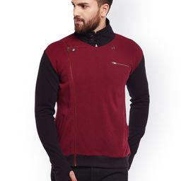Hypernation Men Maroon & Black Colourblocked Open Front Jacket-image-5