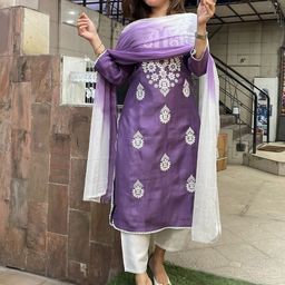 GoSriKi Ethnic Motifs Embroidered Chikankari Kurta With Trousers & Dupatta-39