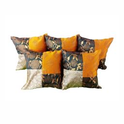 Pink Parrot Yellow & Black 5 Pieces Printed Jacquard Silk Square Cushion Covers-18