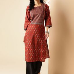 SZN Women Floral Printed Keyhole Neck Cotton Straight Kurta-picture-17