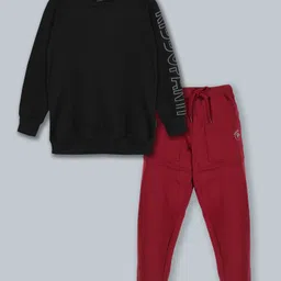 Kiddopanti Full Sleeves Placement Printed Fleece Sweatshirt & Solid Track Pants Set - Black & Maroon-picture-19