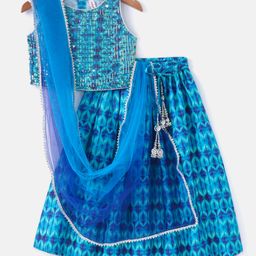 Babyhug Sleeveless Printed Sequenced Choli With Printed Lehenga And Dupatta- Blue-image-95