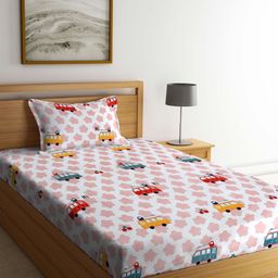FABINALIV 300 TC Cotton Blend Single Bedsheet with Pillow Cover Cartoon Print - Multicolor-image-93