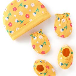 Babyhug 100% Cotton Cap Mittens & Booties With Floral Print - Yellow-image-91