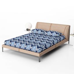 Divine Casa 100% 144 TC Paisley Print Double Bed Elastic Fitted Bedsheet with 2 Pillow Cover_Blue-image-30