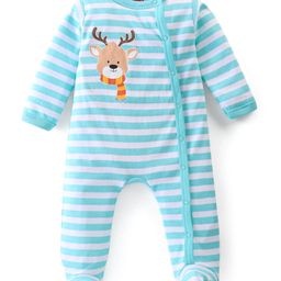 Babyhug Cotton Knit Full Sleeves Footed Sleep Suit Striped & Reindeer Print - Blue-image-58