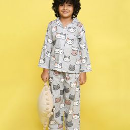 Knitting Doodles Pure Cotton Poplin Full Sleeves All Over Kittens & Dots Printed Coordinating Night Suit - Grey-image-84