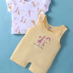 ToffyHouse Dungaree Style Romper with Half Sleeves T-Shirt Giraffe Print - Yellow & White-image-4